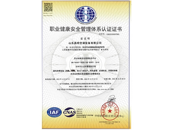 職（zhí）業健康安全管理體係認證證書